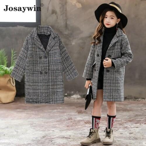 Winter Coat For Girls Thick Woolen Jacket For Girls Plaid Long Kids Outerwear Winter England Teenage Student Clothes For Girl