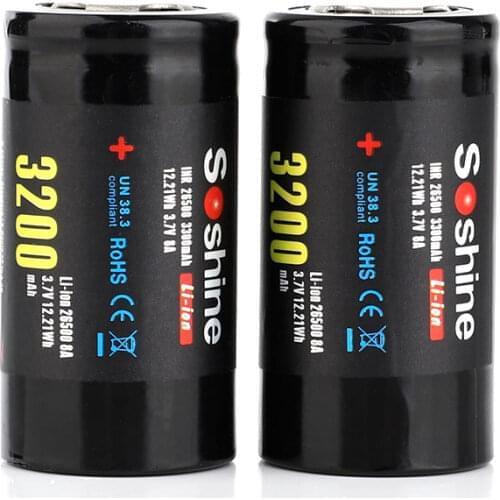 2pcs/Pair Soshine 3,7 V 3200 mAh 26500 batería recargable Li-ion baterías celda con funda de soporte de batería