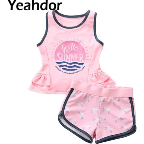 Kids Girls Summer Outfit Swimwear Swimming Suit Swimsuit Round Neck Sleeveless Layered Ruffle Hem Top with Drawstring Shorts Set