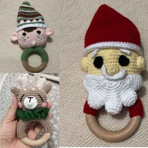 Baby Wooden Teether Ring DIY Crochet Santa elf Rattle Cotton Dog Soother Bracelet Infant Teething Molar Play Toys Christmas gift