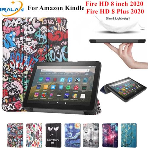 For Amazon Fire HD 8 Plus 2020 Cover For New Kindle Fire HD 8 2020 Case 3 Fold Leather Stand Shell & glass Film（Not included