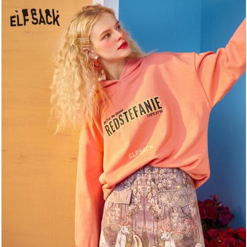 ELFSACK Harajuku Graphic Print Casual Pullover Velvet Sweatshirt Women,2021 Spring ELF Vintage Korean Ladies Daily Cartoon Top