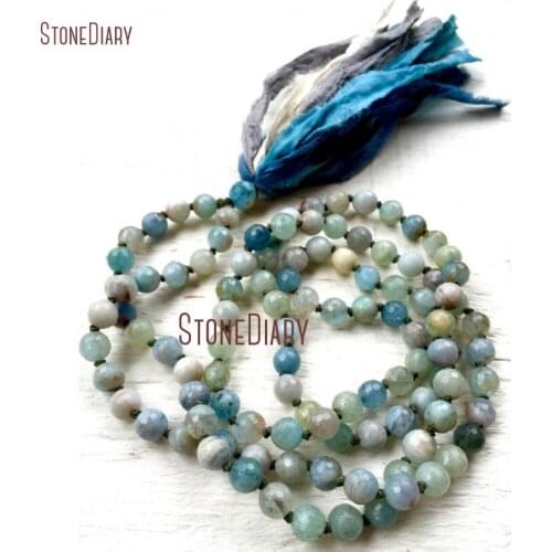 Throat Chakra Mala Beads Aquamarines Stress Relief Meditation Necklace Hand Knotted Silk Sari Tassel 108 Beads Necklace NM11088