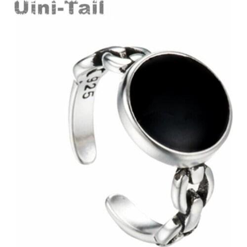 Uini-Tail Hot Sale New 925 Silver Simple Black Round Open Ring Personality Fashion Trend Retro High Quality Jewelry ED673