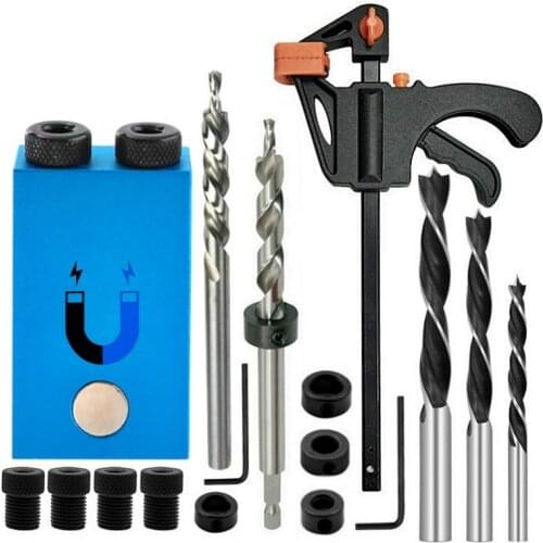 Upgraded Magnetic Pocket Hole Jig Replaceable 6 8 10mm Drill Guide Blue 15 Degree Dowel Jig Kit Wood Drill for Wood Jointing