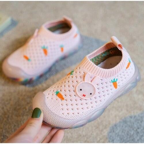 New Baby Sneakers 2021 Cartoon Rabbit Childrens Flat Shoes Toddler Kids Girls Shoes Stretch Breathable Mesh Sports Running Shoe