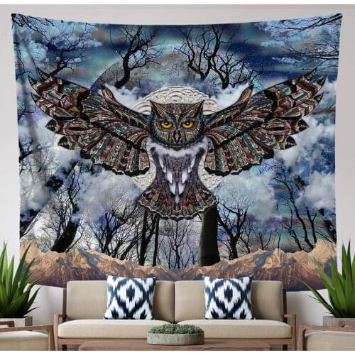Moon Owl Blue Mandala Wall Tapestry Dark Forest Design Animal Wall Hanging