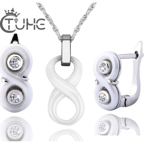 Lvory white Ceramic U Shape Stud Earrings and Pendant Necklace With Austria Crystals Infinity Jewelry Sets For Women Girl Gift