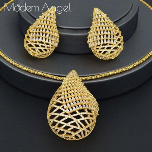 ModemAngel 2020 Luxury WATER DROP Cubic Zirconia Necklace Earring Jewelry Sets For Women Wedding Indian Dubai Bridal Jewelry Set