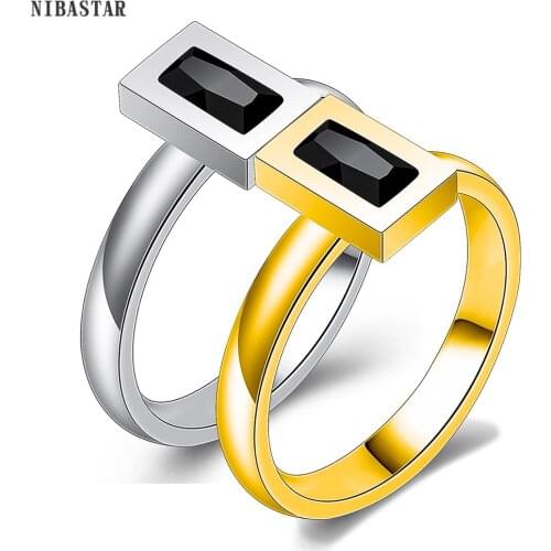 NIBASTAR Square Black Crystal Rings For Women Stainless Steel Unique Minimalist Wedding Lady Ring Fashion Jewelry Gift