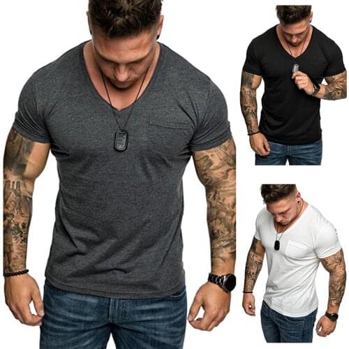 2021 Spring and Summer New Fashion Casual Mens Solid Color Chest Pocket Round Collar Slim Short-sleeved Mens T-shirt