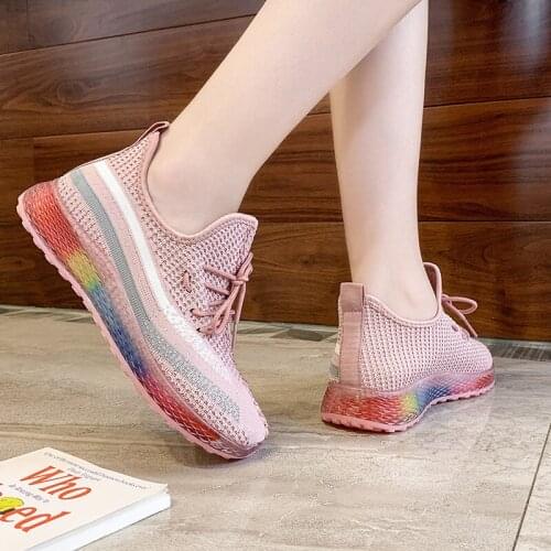 New Fashion Air Mesh Sneakers Women Shoes Woman Flats Lace Up Colorful Thick Bottom High Heels Breathable Students Casual Shoes