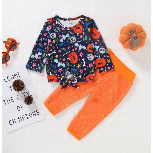 Halloween Clothes Outfit Newborn Kids Cute Pumpkin Print Long Sleeve Tops Shiny Trousers Baby Girl Winter Clothes Outfits