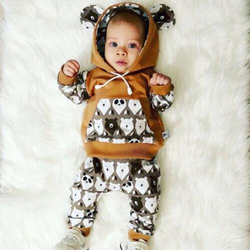 PUDCOCO Newborn Baby Boy Girl 2PCS Autumn Clothes Bear Printed Hooded Top Pants Outfits Support wholesale