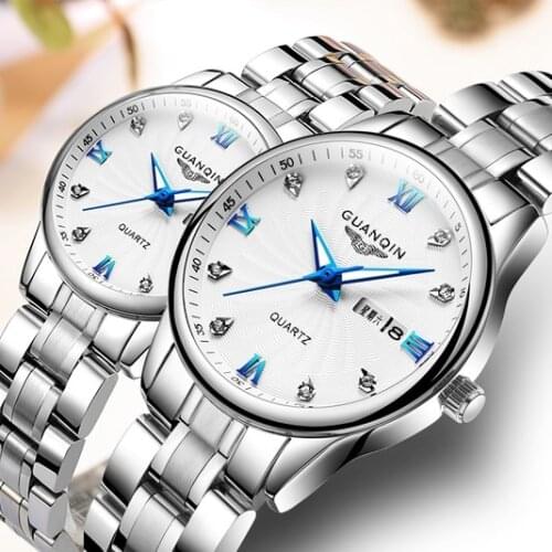 GUANQIN Couple Watch Set New Men Women lovers Watch Stainless Steel Date Luxury Gold Quartz Watch Women Clock Man Ladies Watch
