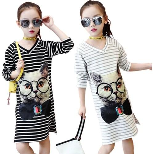 Girl Dress Owl Printing Long Sleeve Black Gray Stripes T shirt Top Girls Cotton Teenage Dress vestidos Infantis Clothes Fashion
