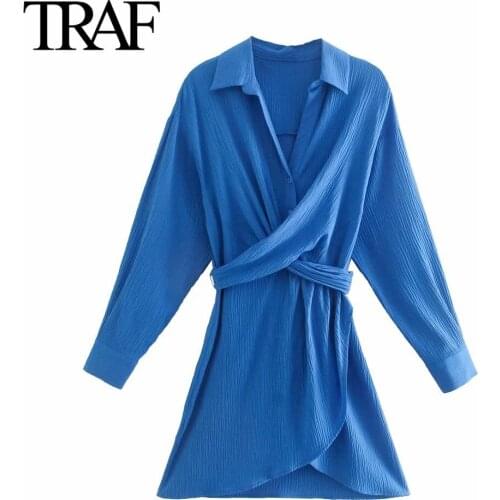 Traf Za Women Fashion Bow Bandage Long Sleeve Shirt Dress French Elegance Blue V-neck Mini Dress Vintage Vestidos Mujer