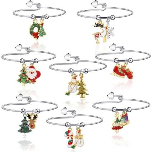 Charms Christmas Bangle Bracelets for Women Snowman Deer Santa Claus Silver Color Bangles Christmas Gift