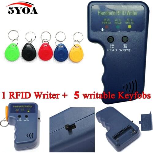 Handheld 125KHz EM4100 RFID Copier Writer Duplicator Programmer Reader + 5pcs EM4305 Rewritable ID Keyfobs Tags Card T5577 5200