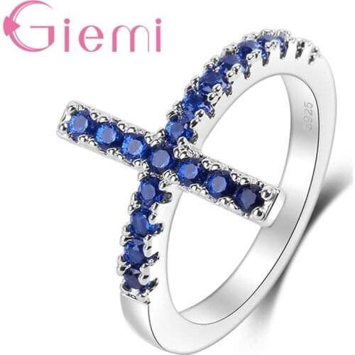 Simple Narrow Band Exquisite Cross Rings Paved Full Clear Blue Zircon Original 925 Sterling Silver Jewelry