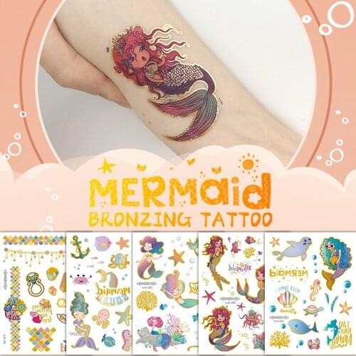 Mermaid Accessories Gold Bronzing Body Art Water Transfer Waterproof Temporary Tattoo Sticker For Women Men Arm Fake Tattoos