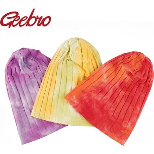 Geebro New Tie Dye Soft Women Ribbed Multicolor Hat Slouchy Trend Lovers Colorful Caps Femme Ladies Cotton Beanies baggy Hats
