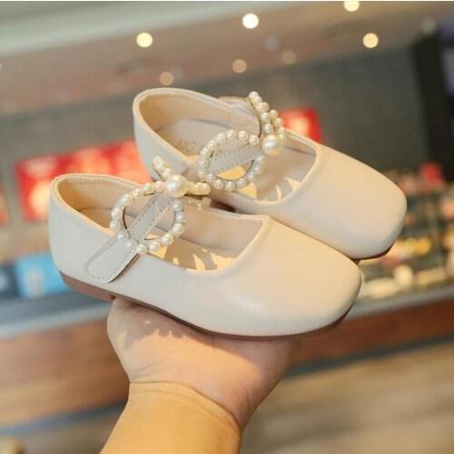 Children PU Leather Shoes Fashion Pearl Bowtie Low Heel Shoes Spring Kids Girls Princess Performance Shoes Size 26-36