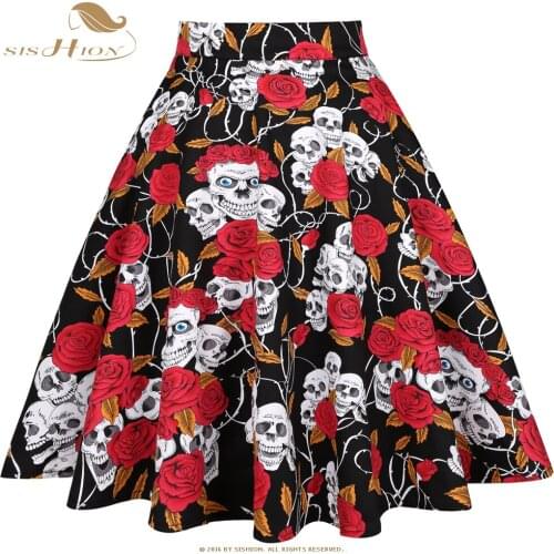 SISHION Autumn New Halloween Party Skirt VD0020 Black With Rose Skull Floral Skirt A Line Cotton 50s 60s Vintage Women Skirt