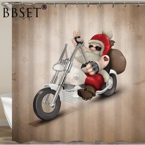 Christmas Theme Shower Curtain Santa Claus on A Motorcycle Pattern Waterproof Multi-size Douchegordijn Bathroom Decor with Hooks