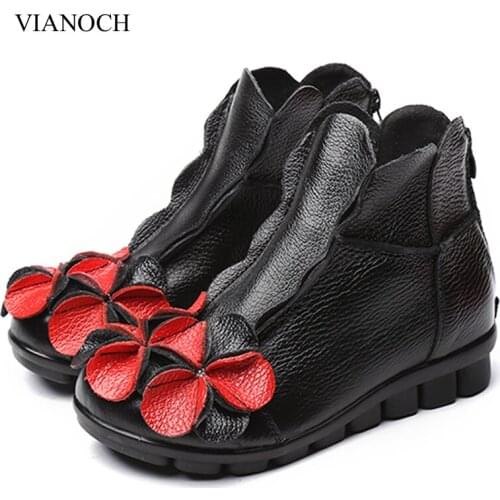 2018 Fashion Womens Ankle Boots Soft Genuine Leather Flats Shoes Booties Lady Size 40 41 aa0016