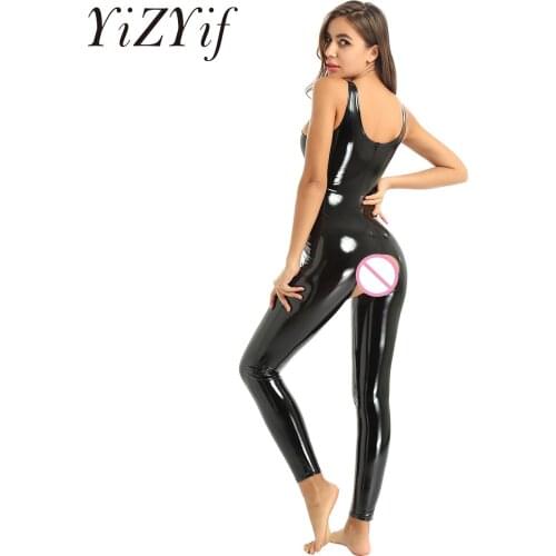 Women Erotic Wet Look Open Crotch Bodysuit Leather Sleeveless Latex Jumpsuit Catsuit Pole Rave Evening Parties Clubwear Costumes
