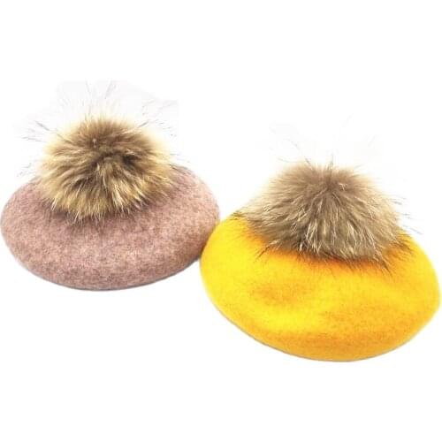New Winter Women Casual Warm Wool Beret Cap Removable Real Raccoon Fur Pom pom Artist Pumpkin Hat