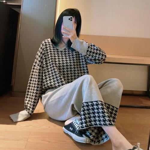 2020autumn and Winter Small Fragrance Houndstooth Knit Suit V-neck Sweater Top Straight Wide Leg Pants Trousers Two-piece Female