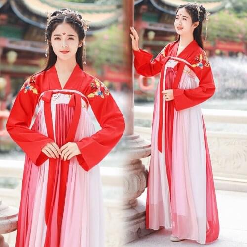 Women Traditional Chinese Hanfu Dress Floral Embroidery Ancient Folk Stage Performance Dance Costumes Festival Retro Han Outfit