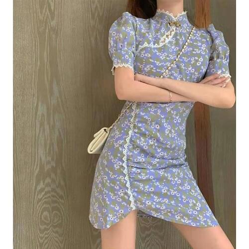 Lady Vintage Sweet Print Puff Sleeve Fairy Qipao Dress Korean Style Retro Sexy Bodycon Cheongsam Evening Dresses Women Clothing