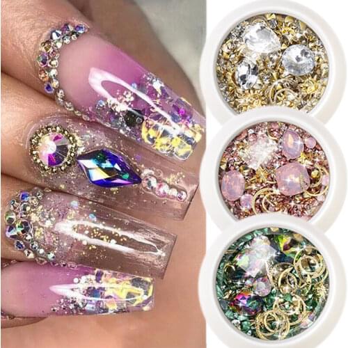 1 Box Crystal Nails Rhinestones Metal Rivet Shiny Gems Stones 3D DIY Tips Charm Nail Art Decorations Design Manicure Diamonds