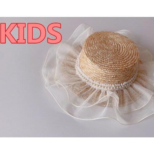 202104-lele new summer HANDMADE STRAW PEARL RIBBON LACE BRIM girl children fedoras cap KIDS jazz panama hat