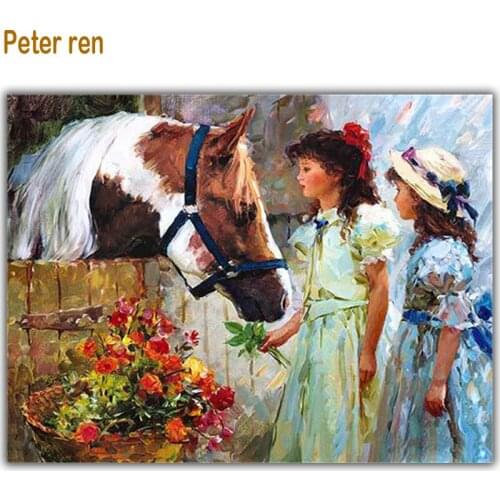 Peter ren Diamond painting Cross stitch Round/Square diamond mosaic Rhinestone Full embroidery Home Decoration "Girl and horse"