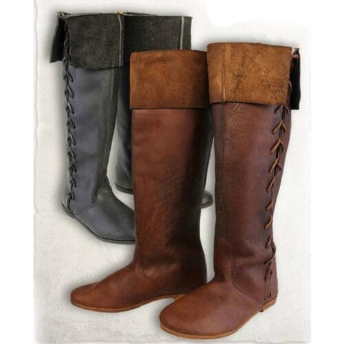 British Style Medieval Retro Men Knight Cosplay PU Leather Short Ankle Boots Carnival Party Women Gothic High Tube Lace Up Shoes