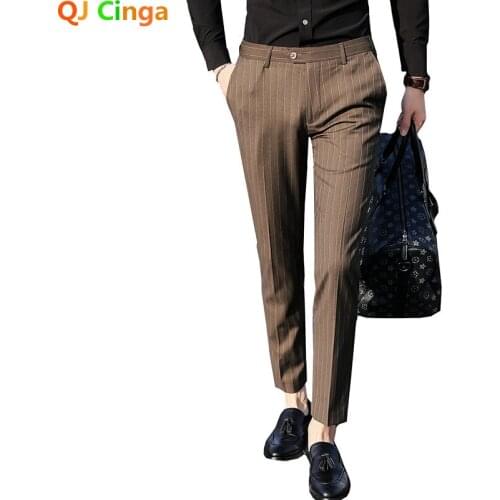High Quality Brown Stripe Suit Pants Mens Black Green Yellow Trousers OfficePantalones Hombre Wedding Party Slacks Big Size 40