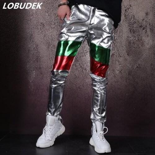 Punk Style Mens Silver PU Leather Pants Casual Pants Nightclub Male Singer Concert Bar Stage Long Pants Hip Hop Dance Costume