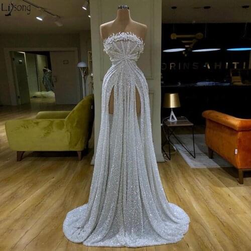 Dramatic Sequin High Slit Prom Dresses Long 2020 Sexy See Through Chic Pageant Evening Dress Special Occasion Gowns Custom Made