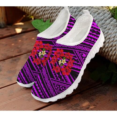 ELVISWORDS African Floral Polynesian Plumeria Flower&Hibiscus Pattern Autumn Women Casual Flats Sneakers Shoes Woman Air Mesh