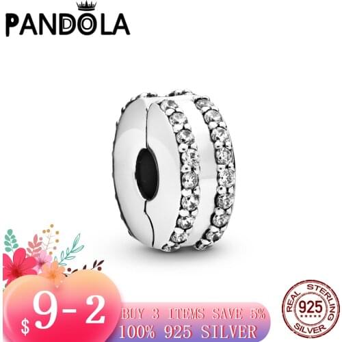 Hot 2021 New 925 Sterling Silver Double Lined Pavé Clip Charm Beads Fit Original Pandora Bracelet Fine Silver Jewelry Gift