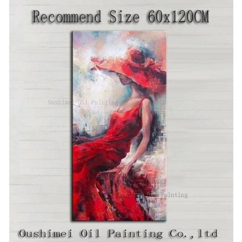 Hi-Q Hand Painted Pretty Girl Paintings on Canvas Impression Character Painting Hang Picture Red Dress Figure Oil Painting