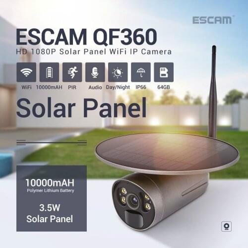 ESCAM QF360 1080P Cloud Storage WIFI Battery PIR Alarm IP Camera With Solar Panel Full Color Night Vision Two Way Audio IP66