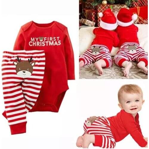 Newborn Baby Girl Clothing Sets 2019 My First Christmas Custumes Baby Romper+Stripped Pants Infant baby outfits