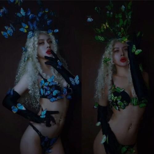 Butterfly Suit Bikini Headwear Rave Outfit Female Stage Show Costumes Festival Clothing Nightclub Bar Dj Gogo Costume XS2526