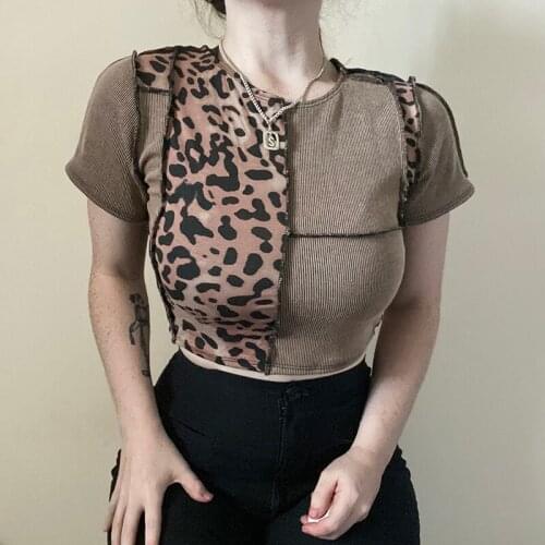 2021 Fashion Women Leopard Patchwork Crop Tops T-shirt Women Summer Short Sleeve Slim Fit Basic Tee Shirts Casual Sexy Tops