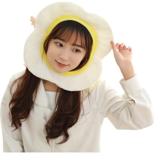 Cute Poached Egg Shape Plush Doll Hat Funny 3D Stuffed Arm Leg Toys Headgear Warm Earflap Cap Cosplay Party Photo Props